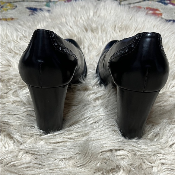 Anne Klein Black Patent Block Heel Pumps with Brogue Detail - Picture 5 of 8
